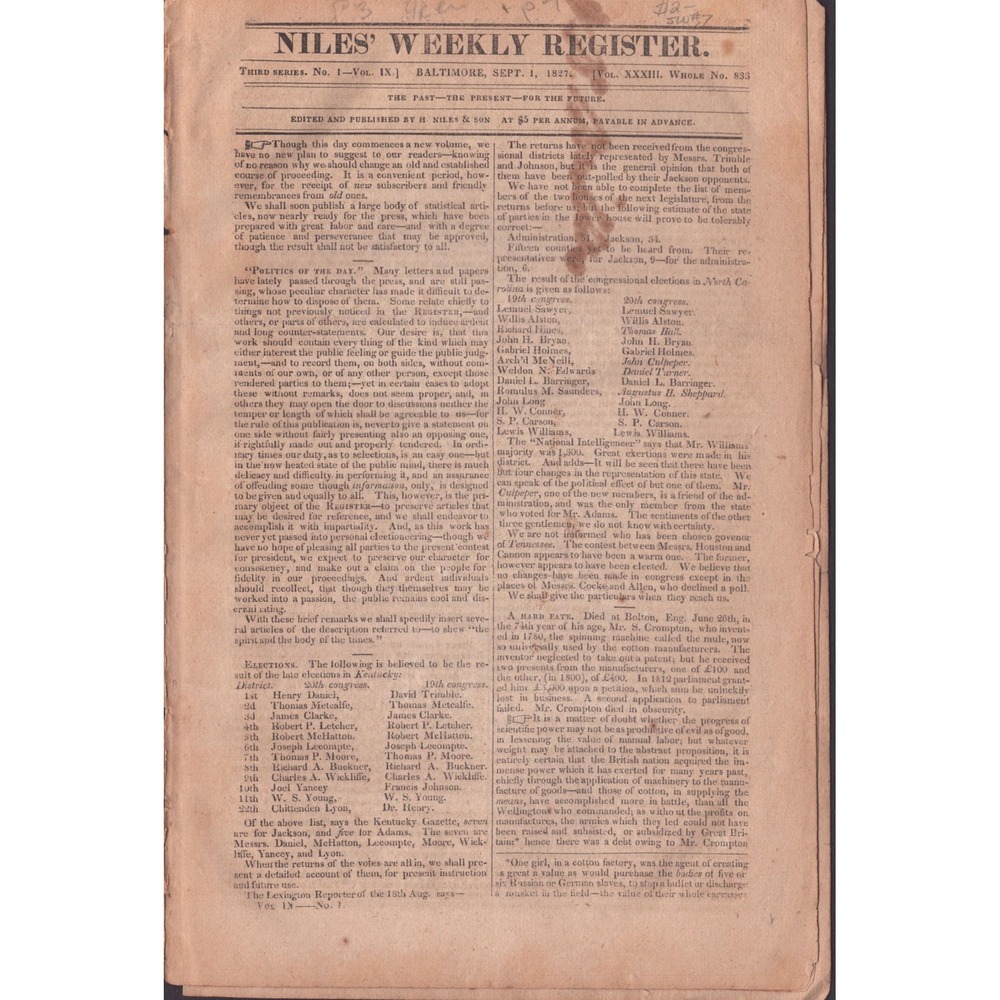 1827 Niles Weekly Register Newspaper Baltimore MD Politics Elections Jackson - Picture 1 of 2